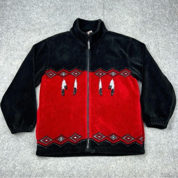 VGT Northern Lifestyles Jacket Mens Medium Red Black Fleece Full Zip Wolf - Picture 3 of 14